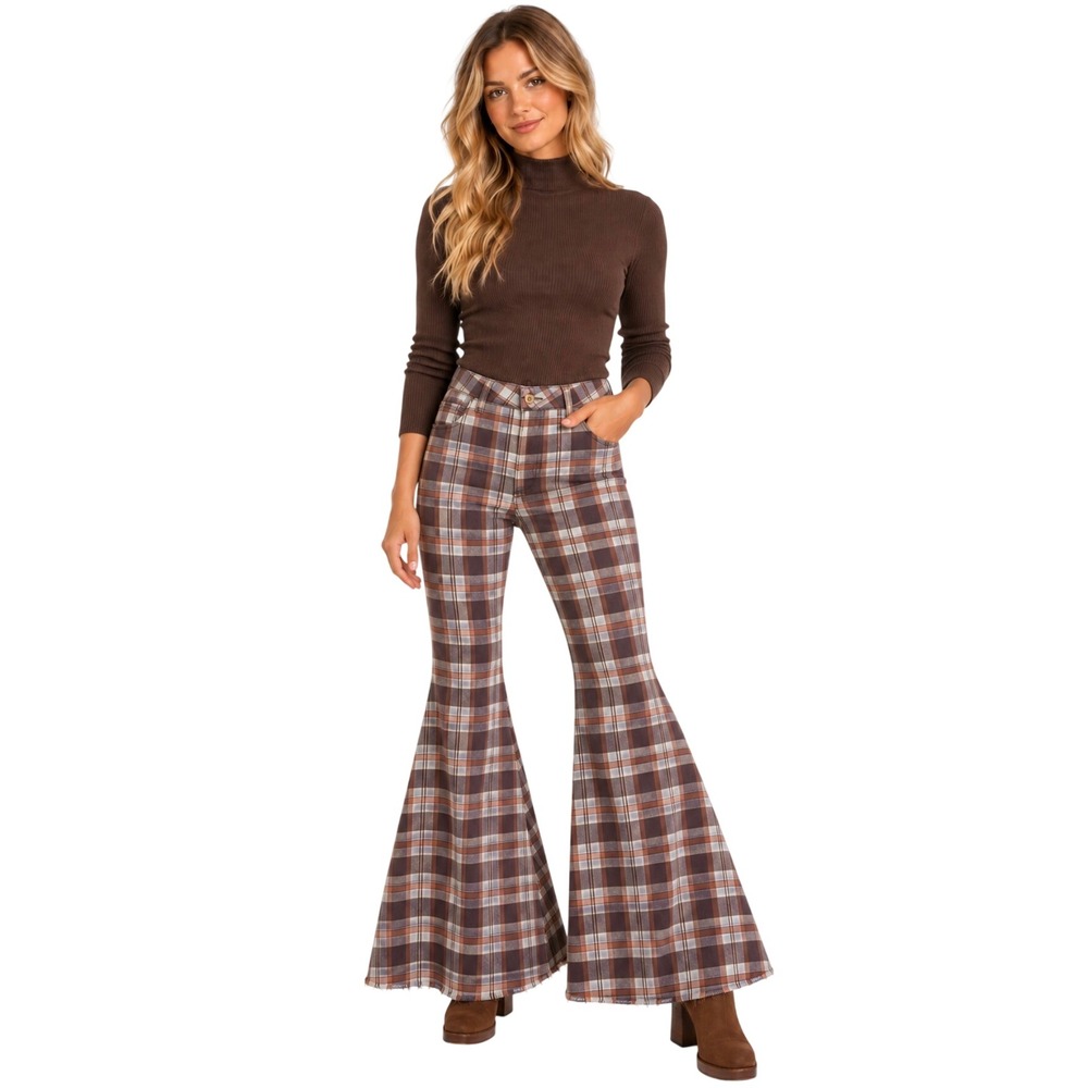 Free People We The Free Just Float On Flare Jeans Brown Plaid Size 30 OB840202